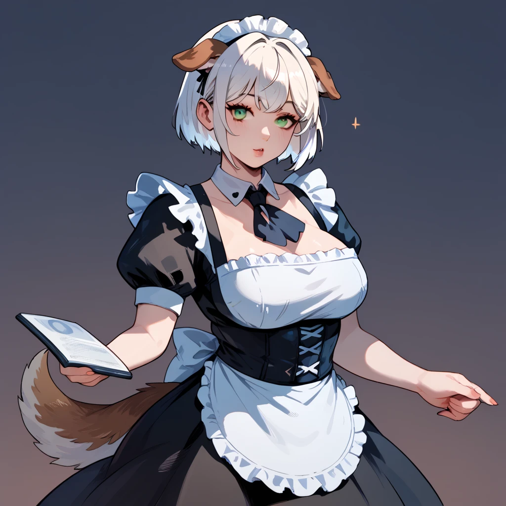 White haired short haired woman with a voluptuous figure and big tits wearing a maid dress that has dog ears with a dog tail also white in color, her green eyes