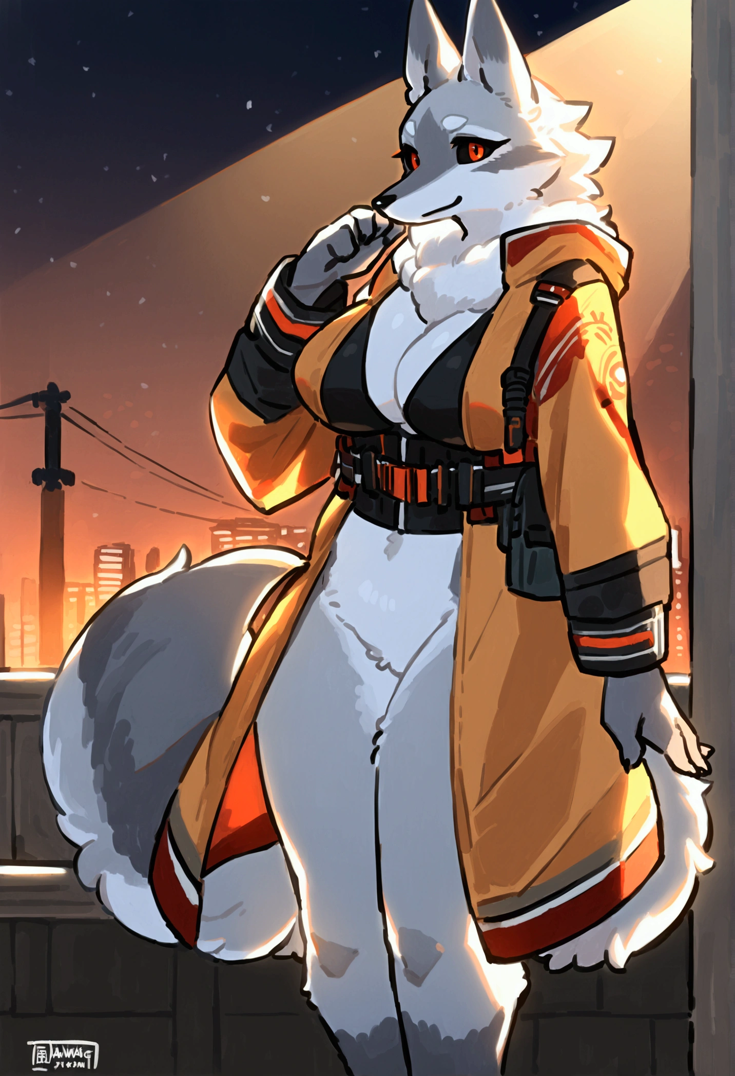 (top quality, best quality, Kawarage_Yatano, High-quality illustrations, masterpiece, perfect artwork, cinematic light and shading, 16k, 1080p, uploaded on e621)(kemono, furry, anthro, alone), 1 larger female, (very detailed body, face, tail, arms, hands, legs, head and eyes), Tom Clance’s The Division, grey wolf, Death, thick thighs, grey fur, fluffy, big breast, wolf ears, wolf fluffy tail, perfect eyes, black sclera eyes, red eyes, beautiful Agent outfit, beautiful Agent equipment, night city, body movement, body twitching, jiggle physics, small smile