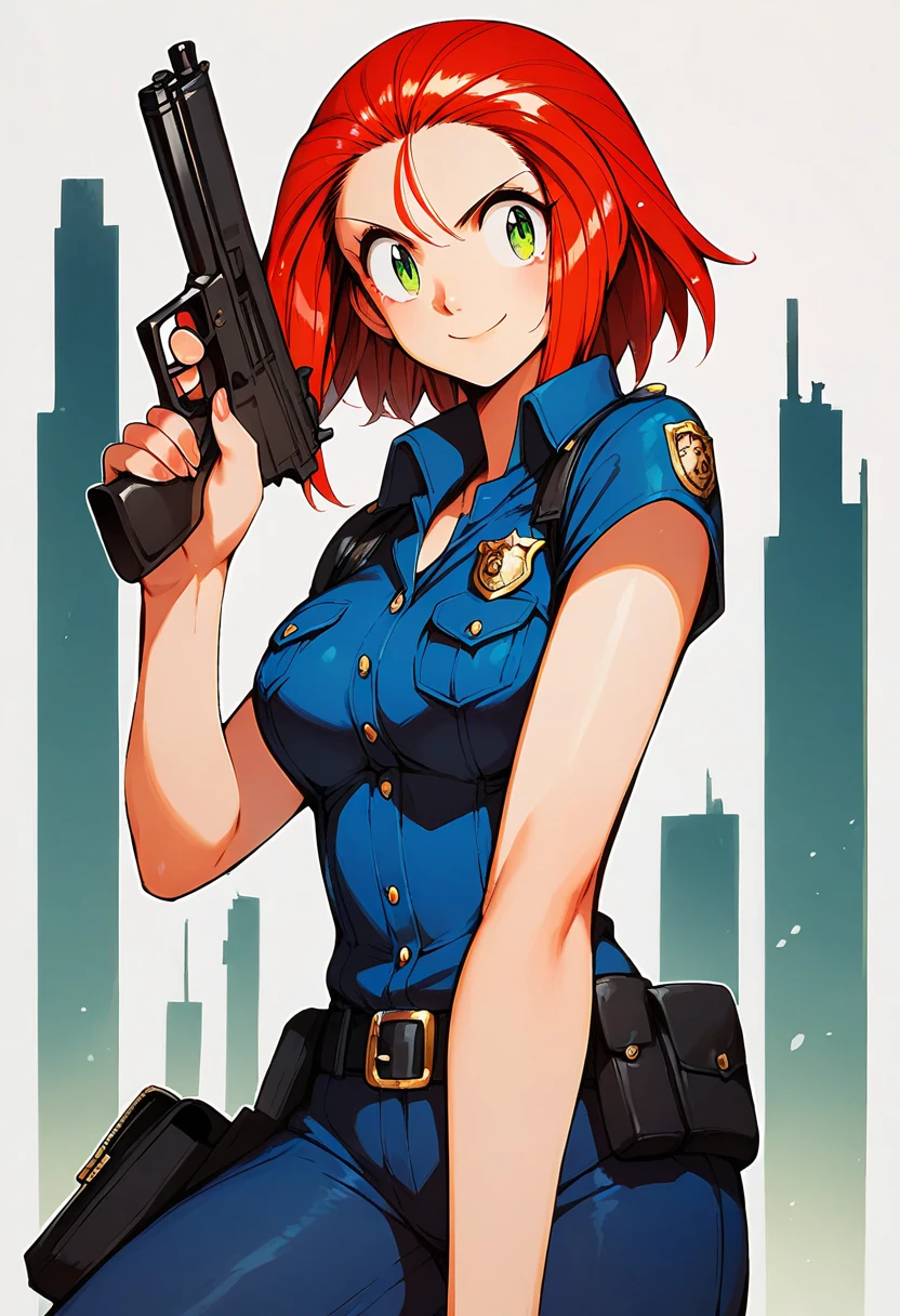 , 1, 20s female, green eyes, long red hair, dressed as a police officer, aiming a gun, confident stance, smiling, shooting at a victim, city background