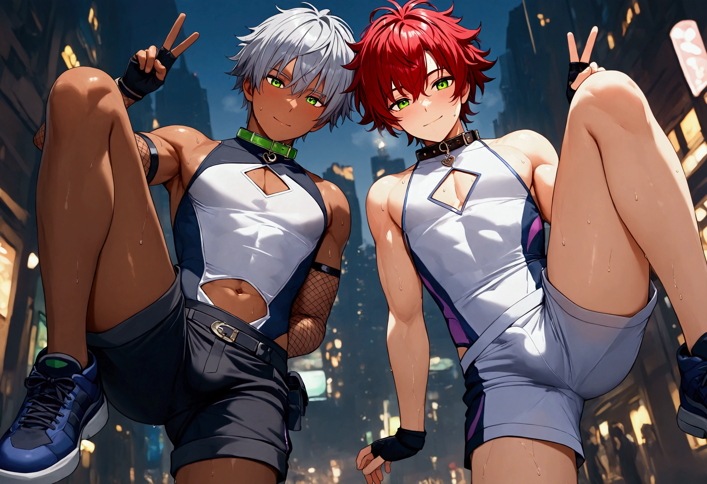1boy, shine dark skin, handsome boy, symmetrical pose, peace sign, sweat, sci-fi, white sleeveless body suits, short pants, bulge, fingerless glove, fishnet arm covers, shoes, collar, navel cutout, chest cutout, green eyes, city street, sunshine, short hair, messy hair, gray hair, red ponytail, cinematic lighting, masterpiece, best quality, 3d cg rendering