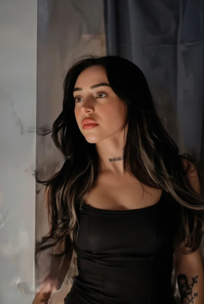 devastated woman with long black hair and white blouse, Megan Fox, Dua Lipa, “Megan Fox, still of Megan Fox, Marco Ariano, cerveja madison, usando um top cropped sexy, Megan Fox witch queen, Julia Fontes, Megan Fox as beautiful mountains, Megan Fox with heavy eye makeup, Megan Fox made out of mayonnaise