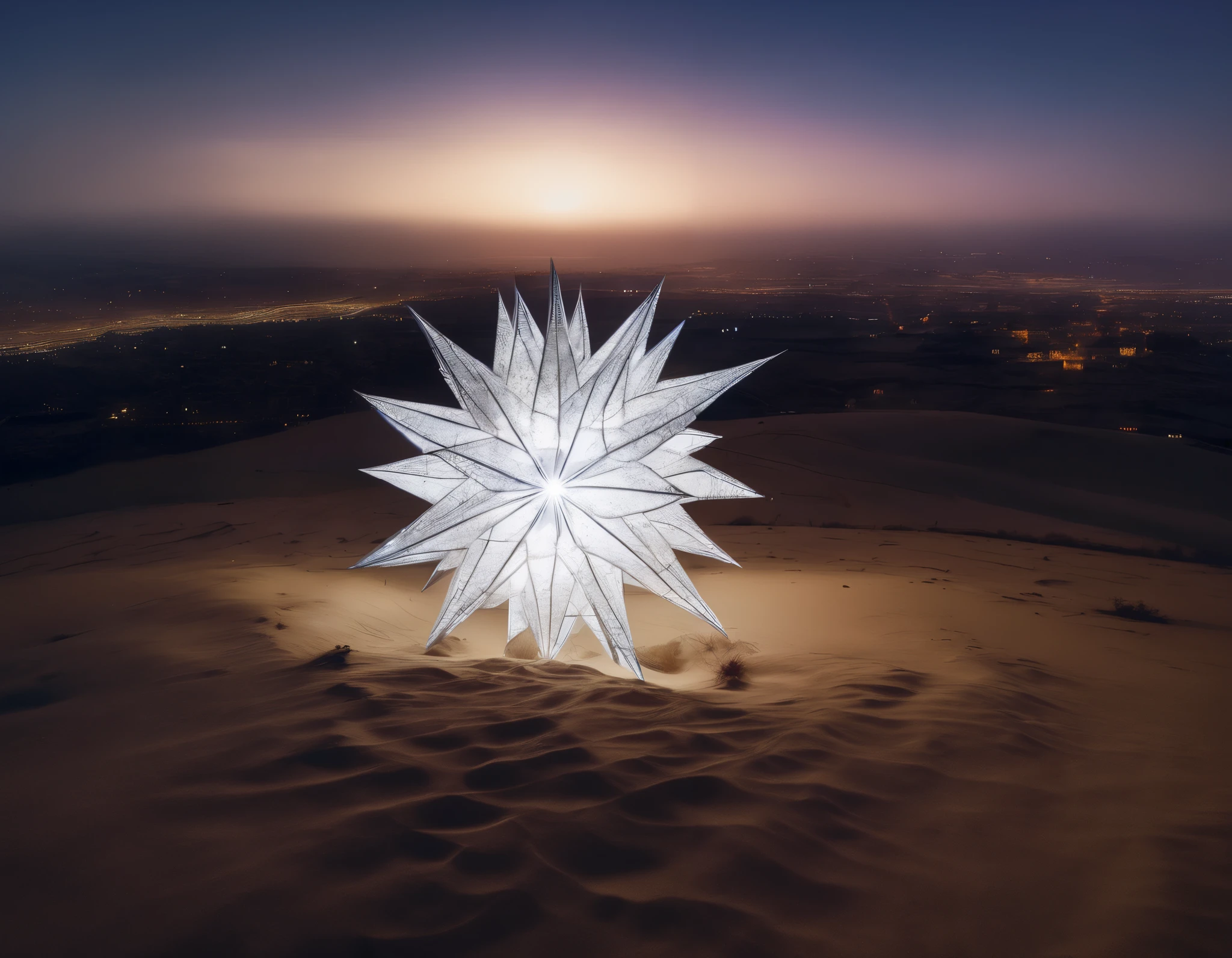 photo of a huge white snow star with bright light inside it, in jerusalem desert, nightly cinematic