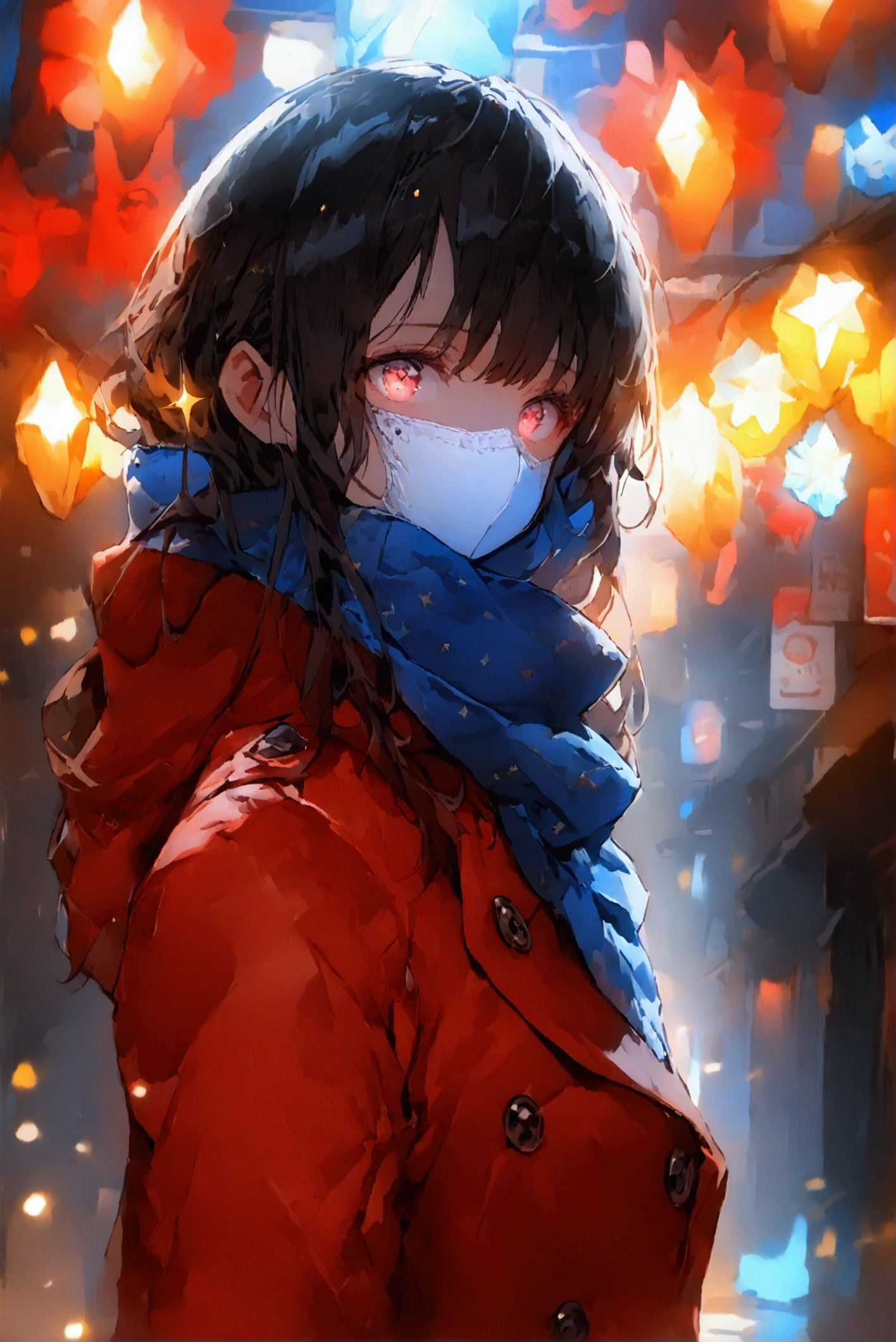 Female, alone, Black hair, long hair, Partially covered face, red mask, Red coat, double-breasted style, with black buttons, Blue scarf, red stockings, Large metal scissors in right hand, with his face partially shadowed and his head bowed downwards, Night scene, narrow urban street, with dim lights, The scene takes place in the middle of a dark and lonely street, With some decorative lights and small advertising signs, ((perfect_hands:1.5)), ((perfect_hands: 1.5)), close-up, crystal, eye focus, gem, sparkle, star \(symbol\), intensely saturated lighting effects, luminous reflections, HDR-like contrast, vibrant color palette, glowing lights, vibrant reflections, surreal lighting, HDR effect, cinematic vividness, ((perfect_hands:1.5)), Shining eyes, character focus, depth of field, glowing particles, glowing, reflection,