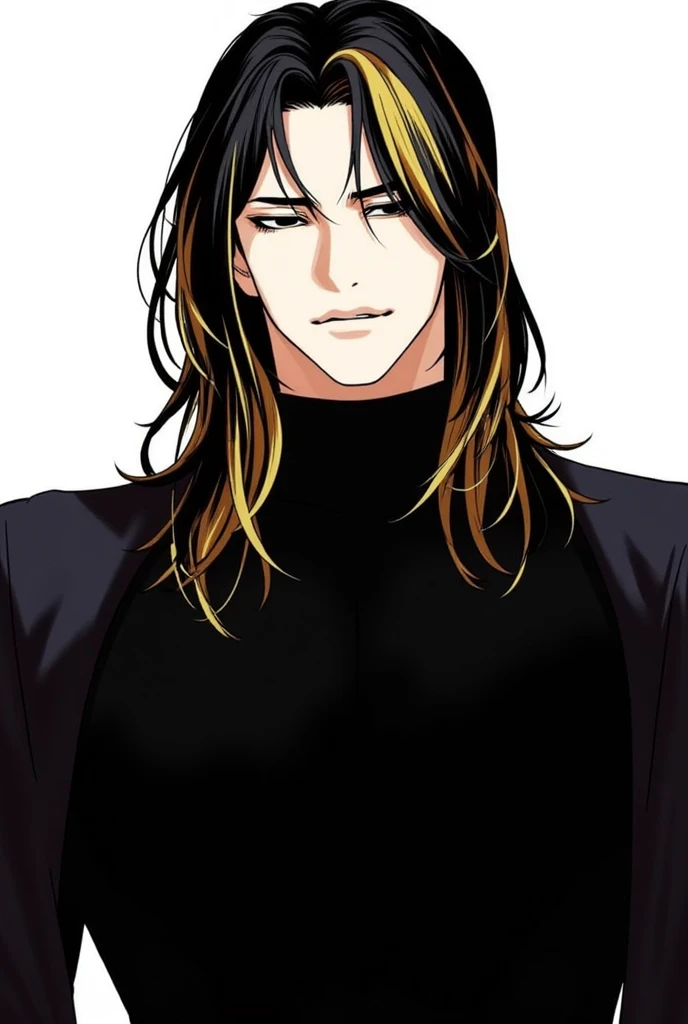 A scene in "Lookism" Manhwa featuring a Tall male athletic figure with long straight black and gold hair, sharp angular facial features, Elegant tall male figure, flowing golden wavy hair past shoulders, black turtleneck, slim fit dark clothing, confident relaxed pose, strong jawline, intense gaze, muted color palette, muscular and stern. dual colored hair, tired and extremely sleepy eyes, eyebags. extremely tired half closed eyes