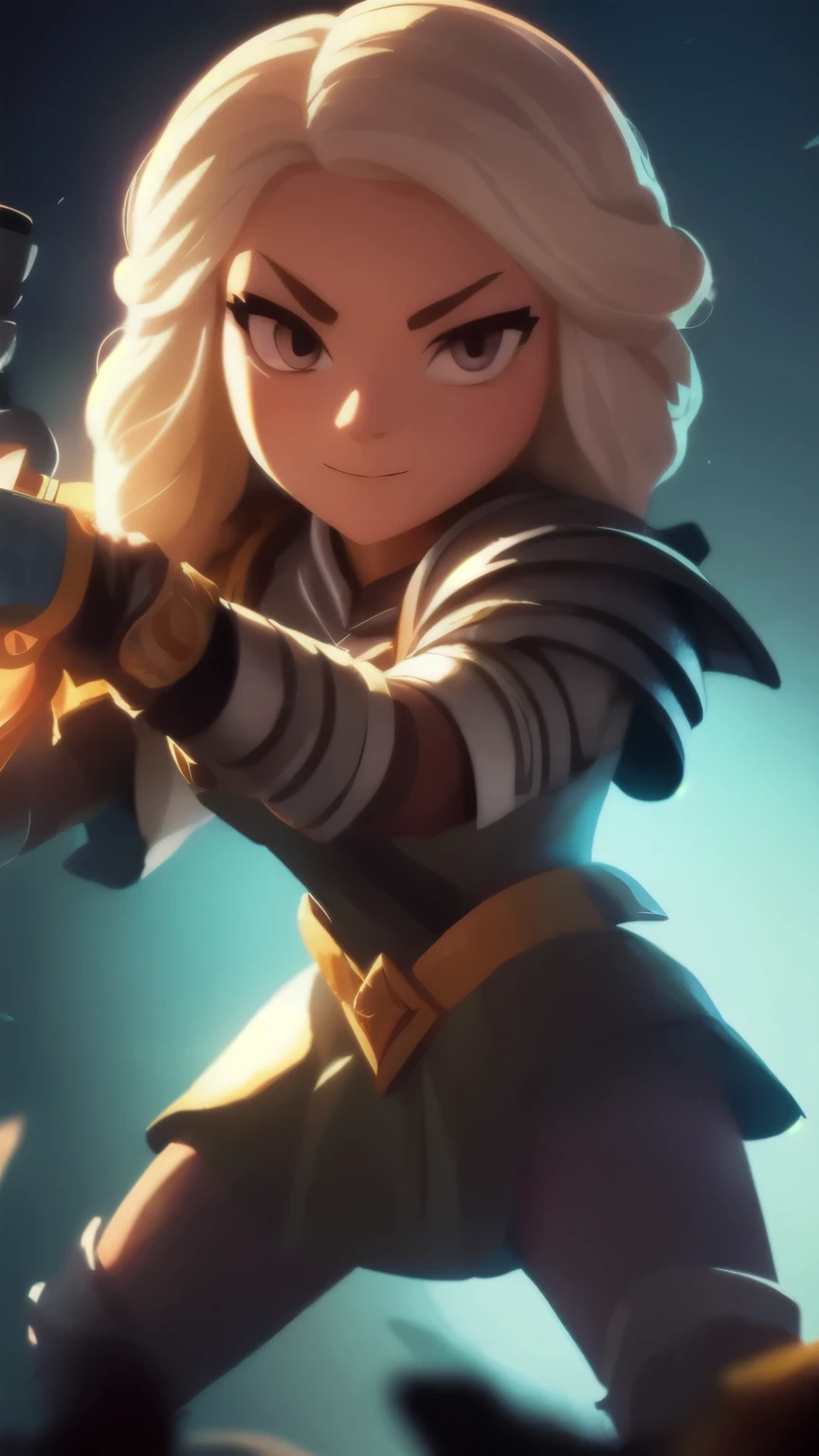 a close up of a person holding a sword and a flashlight, ((galadriel wearing a Full armor, in epic glorious pose)), brawl stars, arte de respingo brawlstars, ,  blaster sword bright as neon ,  game character , in game style 8k, merged character ,  Fortnite art style ,   Stylized character  ,  holding a sword , slick clammy skin, Clash Royale Style,  mobile game style , new character