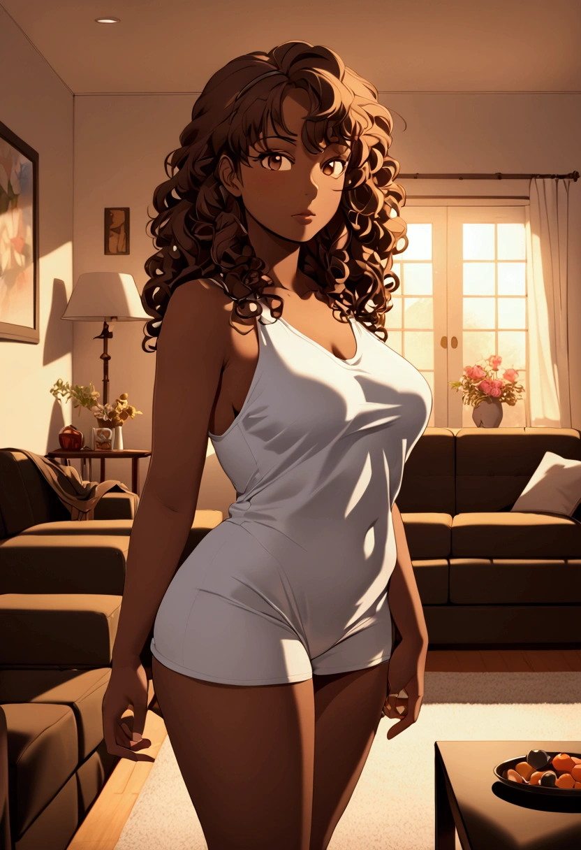 (LRHP), 1girl, solo, sexy, standing, anime style, dark skin, curly brown hair, ambient lighting, living room, hd, soft focus, light rays, best quality, 8k, masterpiece