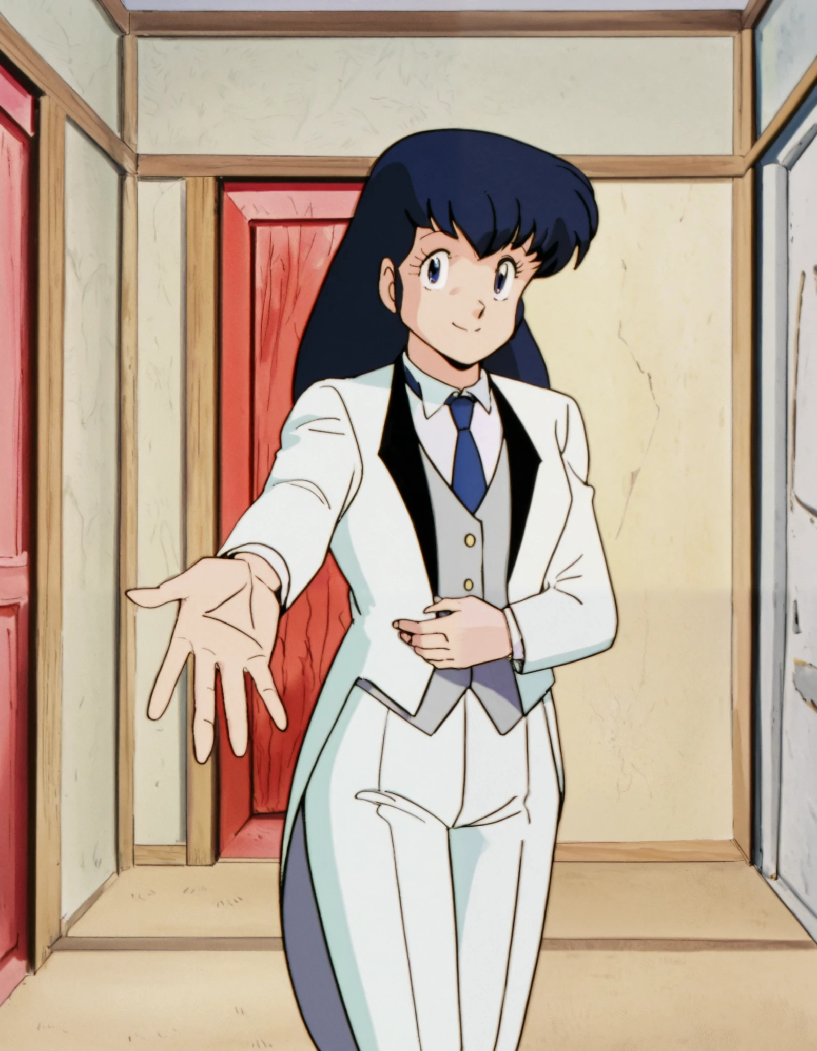 score_9, score_8_up, score_7_up, score_6_up, score_5_up, score_4_up1girl, solo, misty,, suit tuxedo , long hair, bangs, kyoko otonashi, indoors, standing,happy,smile,looking at viewer, cowboy shot, blue tie woman in formal attractive suit tuxedo tailcoat standing in a large alcove in the room, , reaching towards viewer , one hand , badass , hand on back