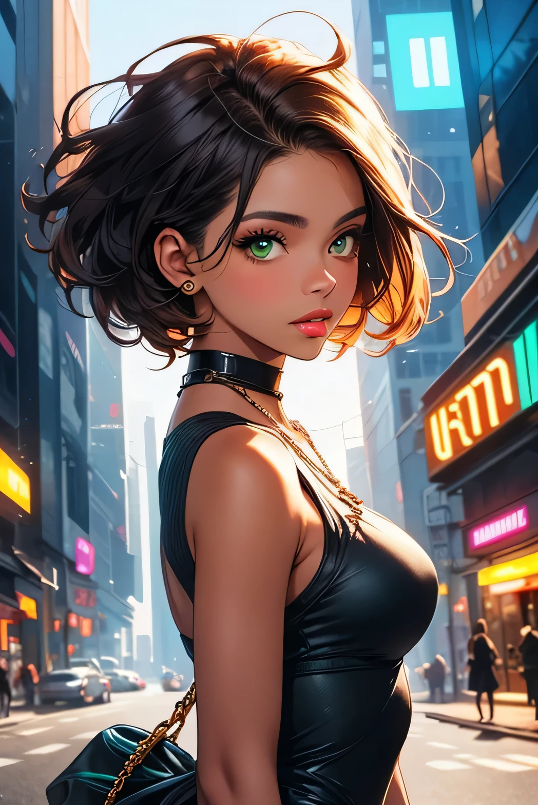 Anime girl in a black dress on a city street - SeaArt AI