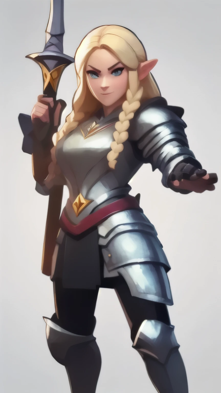 a close up of a person holding a sword and a flashlight, ((galadriel wearing a Full armor, in epic glorious pose)), brawl stars, arte de respingo brawlstars, ,  blaster sword bright as neon ,  game character , in game style 8k, merged character ,  Fortnite art style ,   Stylized character  ,  holding a sword , slick clammy skin, Clash Royale Style,  mobile game style , new character