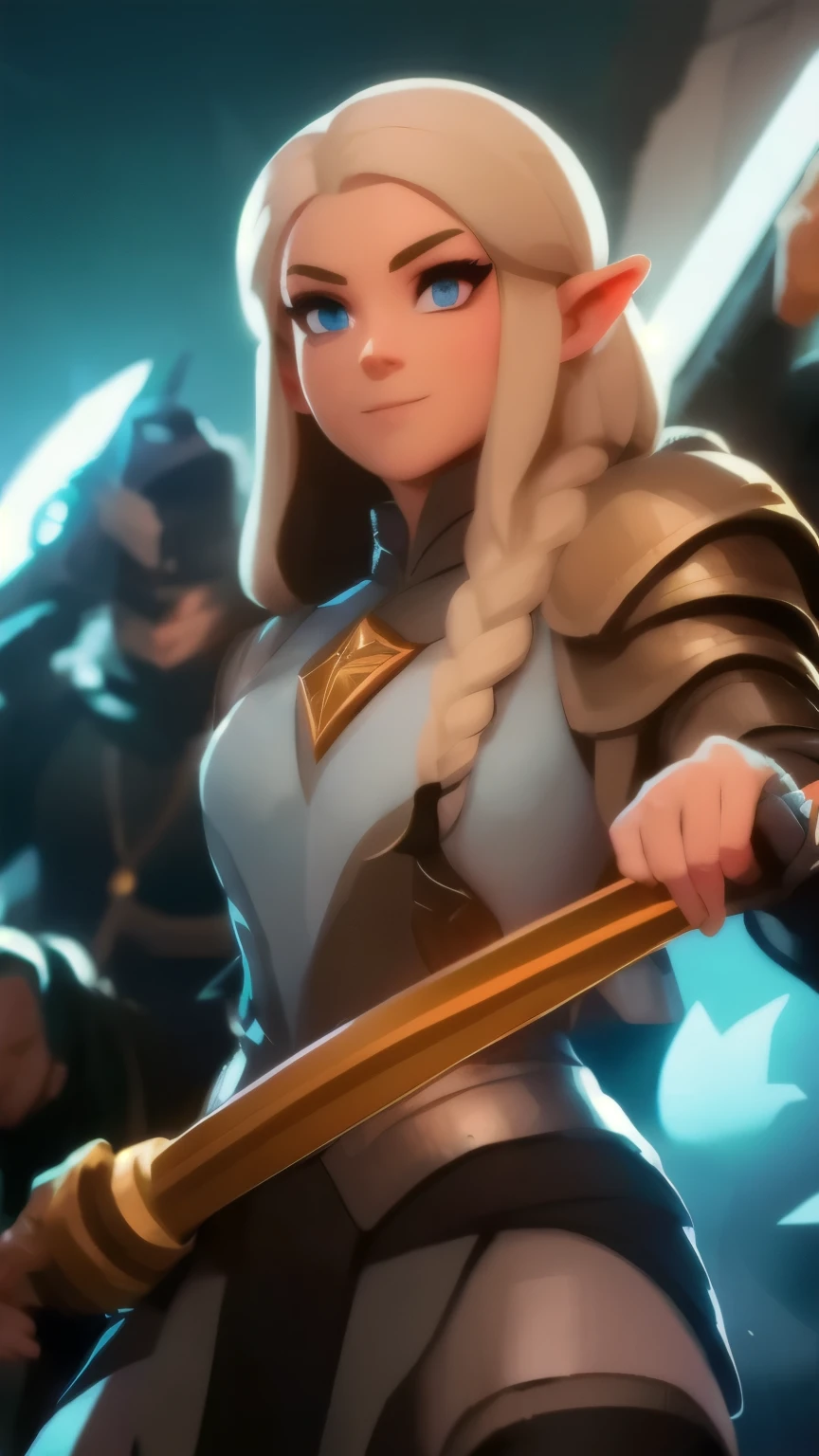 a close up of a person holding a sword and a flashlight, ((galadriel wearing a Full armor, in epic glorious pose)), brawl stars, arte de respingo brawlstars, ,  blaster sword bright as neon ,  game character , in game style 8k, merged character ,  Fortnite art style ,   Stylized character  ,  holding a sword , slick clammy skin, Clash Royale Style,  mobile game style , new character