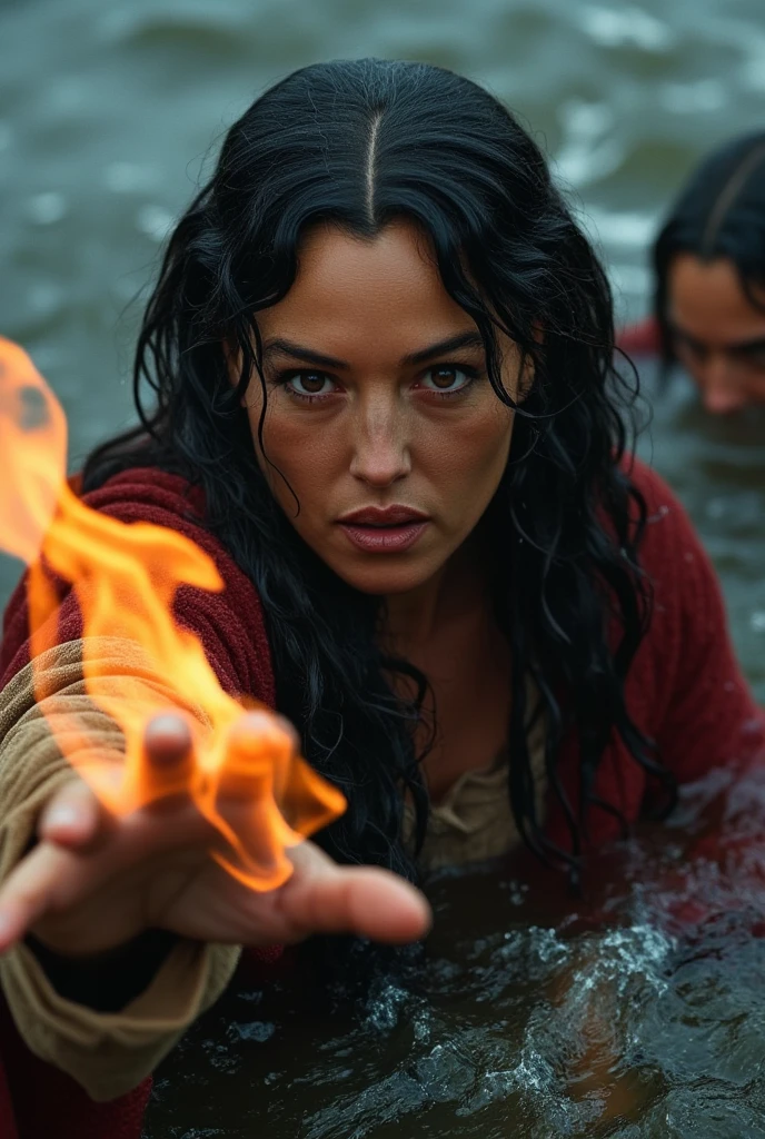 POV view , Front view, 1man  and woman ,1 man  Right hand only , body and head flame out,  help Maria Magdalena ,actress is Monica Bellucci, age-30,  Maria Magdalena looking helper hand, Jewish woman , long curl black hair, cotton ancient wool wear,  red color, half body in water , storm, fall rain,  (photographic, super high definition , retina, masterpiece,  anatomically correct, Accurate, textured skin,  super detailed,   High Details  ,  High Quality ,  High Quality ,  high definition , 8k))
