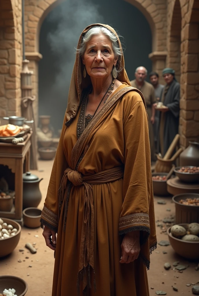 An Iranian woman peddler who sells gold in Persepolis at sunset.