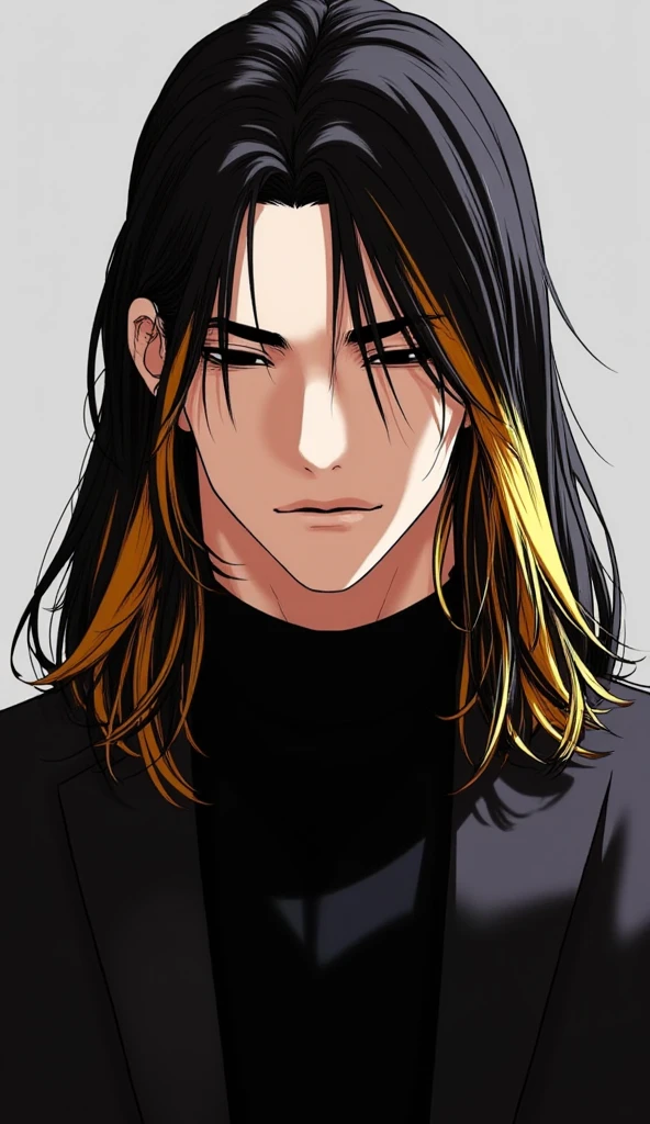 A scene in "Lookism" Manhwa featuring a Tall male athletic figure with long straight black and gold hair, sharp angular facial features, Elegant tall male figure, flowing golden wavy hair past shoulders, black turtleneck, slim fit dark clothing, confident relaxed pose, strong jawline, intense gaze, muted color palette, muscular and stern. dual colored hair, tired and extremely sleepy eyes, eyebags. extremely tired half closed eyes