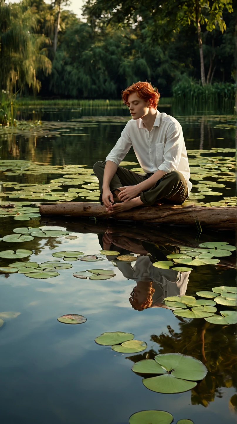 ((masterpiece)) ((best quality) ((Full Shot)) A beautiful young redhead, (about 23 years old), sitting thoughtfully on a fallen log crossing a calm lake, surrounded by floating water lilies. The scene is bathed in soft evening light, casting delicate shadows and creating warm reflections in the water. The young man wears a slightly wrinkled white button-down shirt and dark pants, with his bare feet resting near the surface of the water, highlighting his natural and serene connection with his surroundings. In the background, you can see leafy green trees and soft clouds in a clear sky, forming a harmonious and peaceful atmosphere. The image captures a moment of introspection and calm, with realistic textures in the bark of the trunk, the ripples of the water and the delicate details of the water lilies. Cinematic lighting and muted, earthy tones enhance the depth and aesthetic of the composition. ng_deepnegative_v1_75t