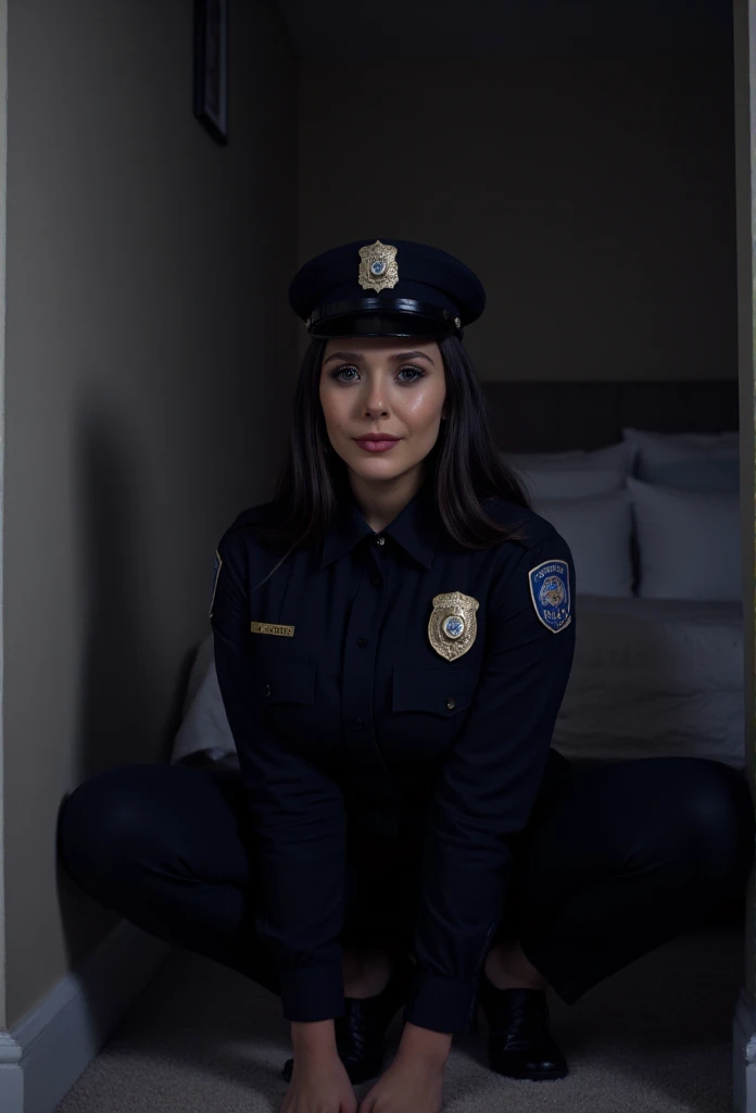 (masterpiece,   top grade: 1.2), Alone,((( Low angle shot  ))), (Police uniform ),  police hat  ,  black hair ,  radiant skin, earring,  Blushes , bed,night,  big , huge  ,   pink areolas  ,   pink lips  ,Smart Nose ,(  squat position under the eyes ),  side view  ,  BEAUTIFUL LIPS  , shy expression , shy face, is putting a smile on my face ,((Close your eyes :1.5)),Open your mouth,Paparazzi, photoshoot pose , with legs spread ,Narrow alley 
