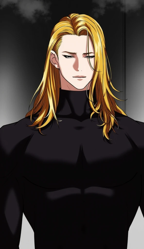 A scene in "Lookism" Manhwa featuring a Tall male athletic figure with long straight black and gold hair, sharp angular facial features, Elegant tall male figure, flowing golden wavy hair past shoulders, black turtleneck, slim fit dark clothing, confident relaxed pose, strong jawline, intense gaze, muted color palette, muscular and stern. dual colored hair, tired and extremely sleepy eyes, eyebags. extremely tired half closed eyes