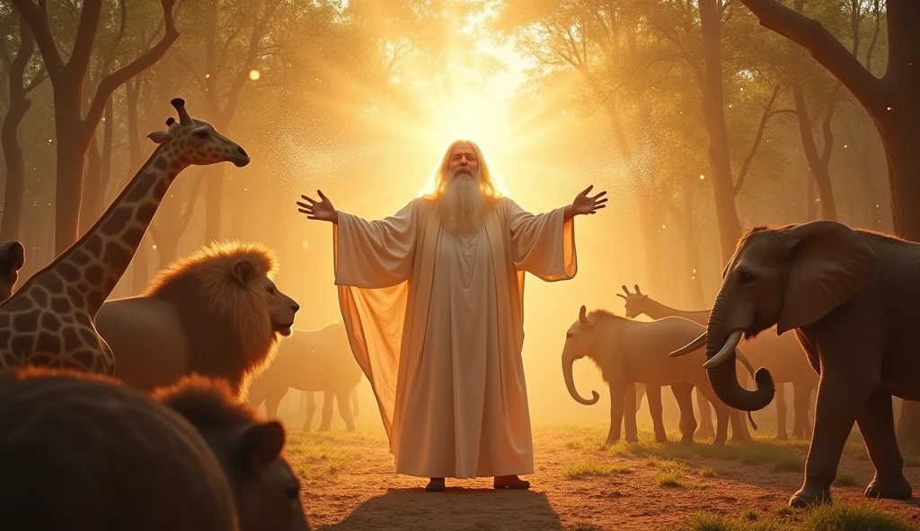  Imagine an epic and stylized scene where God appears as a majestic and energetic figure, creating armadillos, elephants, giraffes, lions, capybaras and in the middle the human being, a man and a woman. His face shines so brightly that it becomes invisible, with a white beard and long white hair, shiny particles floating in the air. He raises His hand with authority, as warm-colored rays of light shoot out from His fingers, illuminating everything around Him. In the background, it is possible to see the forest as God distributes the new elements, a contrast of clarity with lots of light, with the idea that He is beginning a great work of cosmic art. The expression on God's face reflects determination and creativity, as well as a lot of joy with a contemporary style to give the biblical moment a modern look.