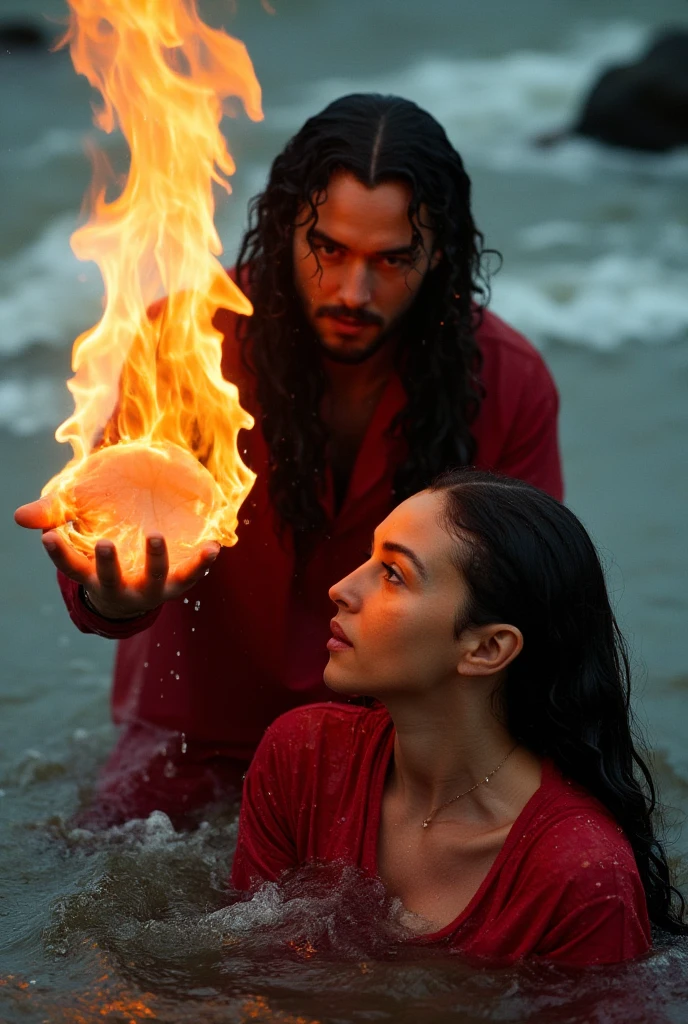 New Jesus cinema ,POV view , Front view, 1man  and woman ,1 man  Right hand only , body and head flame out,  help Maria Magdalena ,actress is Monica Bellucci, age-30,  Maria Magdalena looking helper hand, Jewish woman , long curl black hair, cotton ancient wool wear,  red color, half body in water , storm, fall rain,  (photographic, super high definition , retina, masterpiece,  anatomically correct, Accurate, textured skin,  super detailed,   High Details  ,  High Quality ,  High Quality ,  high definition , 8k))
