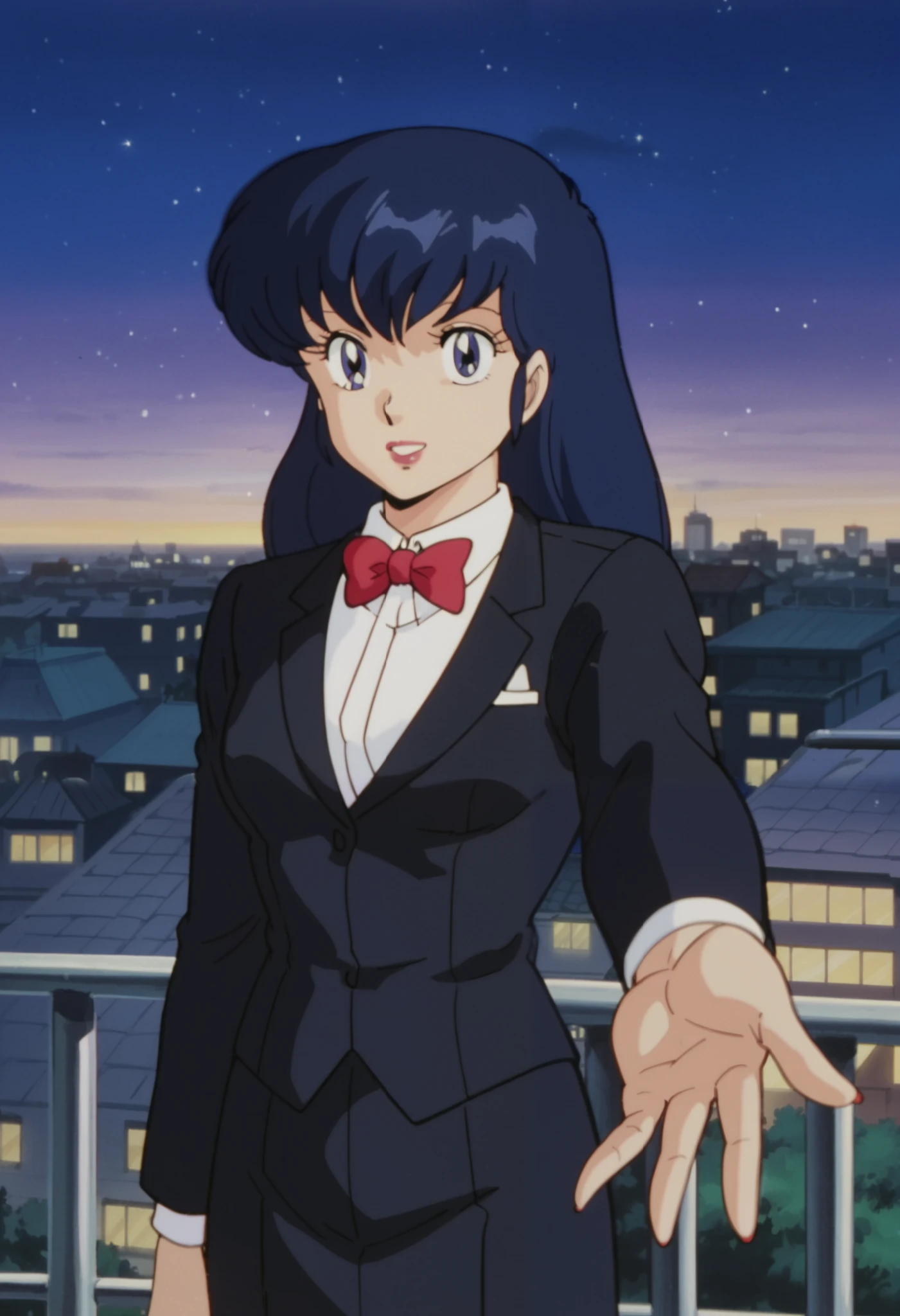 score_9, score_8_up, score_7_up, anime screencap, Retro artstyle, 1980s (style), detailed face,
outside, night time, dark sky, stars, cityscape, standing over a railing,
1girl, solo, Kyoko suit tuxedo outfit, Kyoko Otonashi, blue eyes, long hair, purplish-blue hair, tuxedo retro, outfit, detailed lips, lipstick, red bow,
cowboy shot, reaching at viewer,l, smiling, happy girl