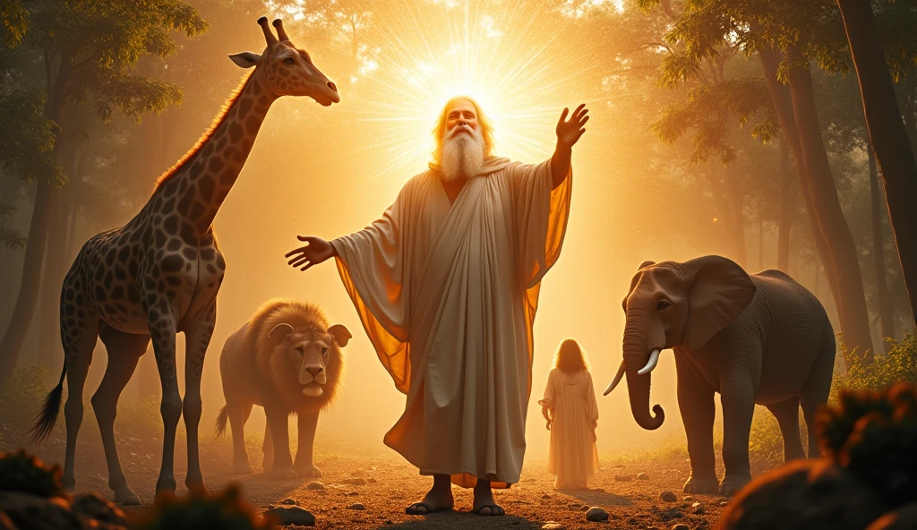  Imagine an epic and stylized scene where God appears as a majestic and energetic figure, creating armadillos, elephants, giraffes, lions, capybaras and in the middle the human being, a man and a woman. His face shines so brightly that it becomes invisible, with a white beard and long white hair, shiny particles floating in the air. He raises His hand with authority, as warm-colored rays of light shoot out from His fingers, illuminating everything around Him. In the background, it is possible to see the forest as God distributes the new elements, a contrast of clarity with lots of light, with the idea that He is beginning a great work of cosmic art. The expression on God's face reflects determination and creativity, as well as a lot of joy with a contemporary style to give the biblical moment a modern look.