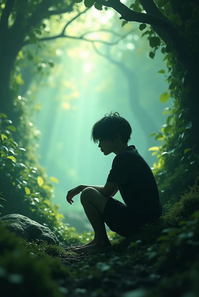 Create an image of a sad black straight haired boy abandoned in the mangrove