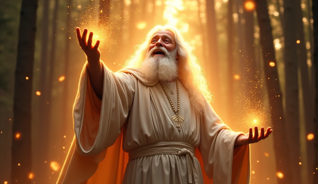 Imagine an epic and stylized scene where God appears as a majestic and energetic figure, creating the human being, a man and a woman. His face shines with joy so much that it becomes shiny, with a white beard and long white hair, shiny particles floating in the air. He raises His hand with authority, as warm-colored rays of light shoot out from His fingers, illuminating everything around Him. In the background, it is possible to see the forest as God distributes the new elements, a contrast of clarity with lots of light, with the idea that He is beginning a great work of cosmic art. The expression on God's face reflects determination and creativity, as well as a lot of joy with a contemporary style to give the biblical moment a modern look.