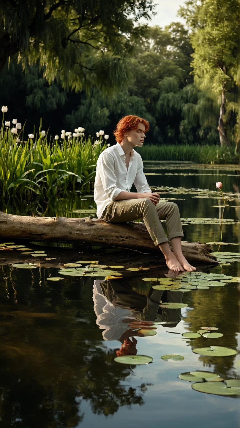 ((masterpiece)) ((best quality) ((Full Shot)) A beautiful young redhead, (about 23 years old), sitting thoughtfully on a fallen log crossing a calm lake, surrounded by floating water lilies. The scene is bathed in soft evening light, casting delicate shadows and creating warm reflections in the water. The young man wears a slightly wrinkled white button-down shirt and dark pants, with his bare feet resting near the surface of the water, highlighting his natural and serene connection with his surroundings. In the background, you can see leafy green trees and soft clouds in a clear sky, forming a harmonious and peaceful atmosphere. The image captures a moment of introspection and calm, with realistic textures in the bark of the trunk, the ripples of the water and the delicate details of the water lilies. Cinematic lighting and muted, earthy tones enhance the depth and aesthetic of the composition. ng_deepnegative_v1_75t