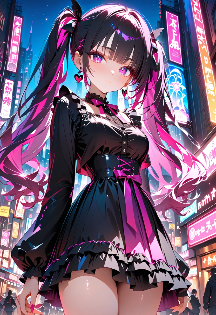 1 girl, (landmine girl), cute, dark, menhera, jirai kei, straight black hair in twin tails, pink inner color, jirai kei attire, pink and black clothes, (detailed beautiful face, finely detailed beautiful eyes), earrings, ribbon, cute pose, (in the city, night), (cowboy shot, face focus), deep depth of field, stunning, fascinating, enchanting, cinematic lighting, cinematic composition, anime style, vibrant colors, thin lines, dreamlike, absurdres, highres, masterpiece, best quality, newest, very aesthetic, ultra quality, high detailed, anatomically correct, perfect hands,