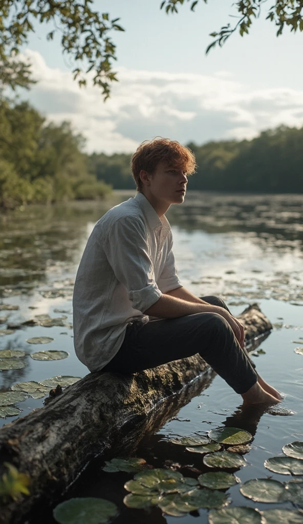 ((masterpiece)) ((best quality) ((Full Shot)) A beautiful young redhead, (about 23 years old), sitting thoughtfully on a fallen log crossing a calm lake, surrounded by floating water lilies. The scene is bathed in soft evening light, casting delicate shadows and creating warm reflections in the water. The young man wears a slightly wrinkled white button-down shirt and dark pants, with his bare feet resting near the surface of the water, highlighting his natural and serene connection with his surroundings. In the background, you can see leafy green trees and soft clouds in a clear sky, forming a harmonious and peaceful atmosphere. The image captures a moment of introspection and calm, with realistic textures in the bark of the trunk, the ripples of the water and the delicate details of the water lilies. Cinematic lighting and muted, earthy tones enhance the depth and aesthetic of the composition. ng_deepnegative_v1_75t