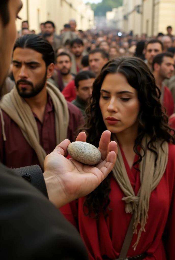 POV view ,1 man is right hand hold stone only , Front view, 1man  and woman , Maria Magdalena looking man hand, Jewish woman , name is Scarlett Johansson, long curl black hair, cotton ancient red wear, in Jerusalem street , around many people hand hold stone   (photographic, super high definition , retina, masterpiece,  anatomically correct, Accurate, textured skin,  super detailed,   High Details  ,  High Quality ,  High Quality ,  high definition , 8k))
