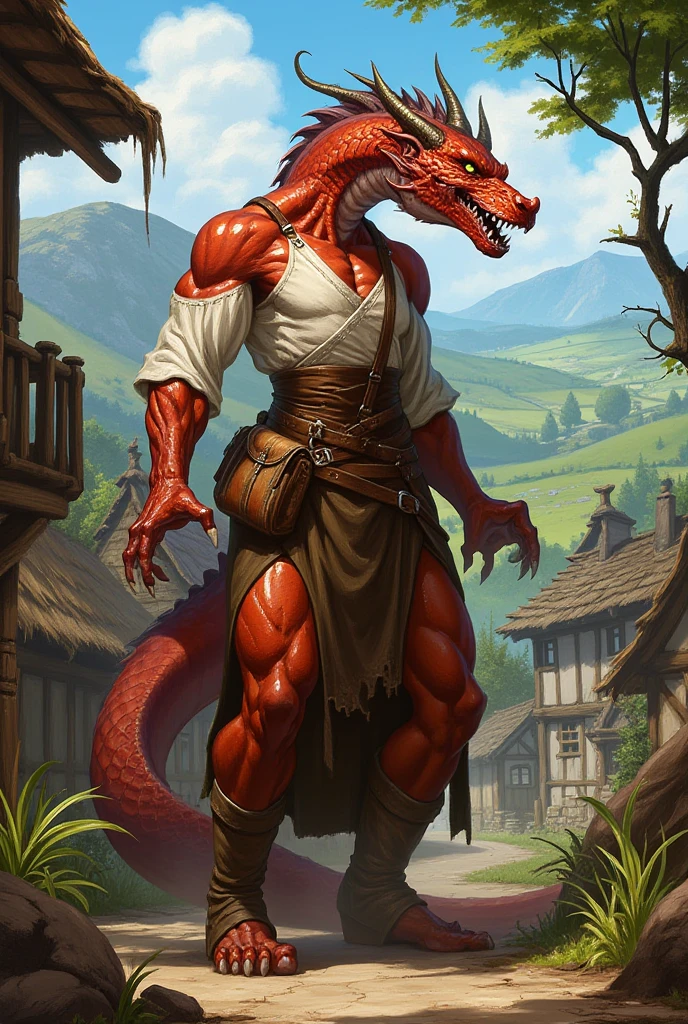 female humanoid red dragon in peasant clothing