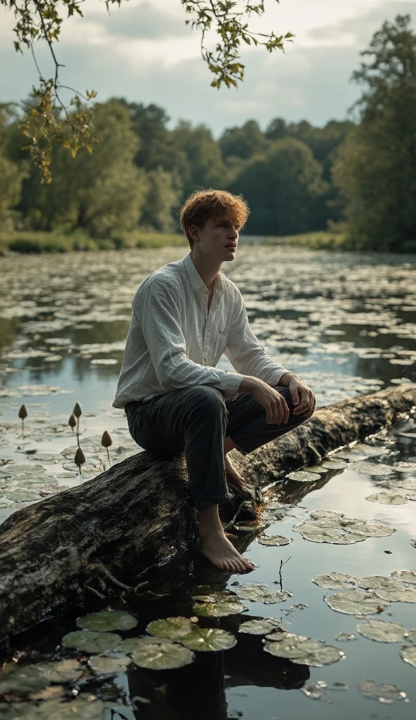 ((masterpiece)) ((best quality) ((Full Shot)) A beautiful young redhead, (about 23 years old), sitting thoughtfully on a fallen log crossing a calm lake, surrounded by floating water lilies. The scene is bathed in soft evening light, casting delicate shadows and creating warm reflections in the water. The young man wears a slightly wrinkled white button-down shirt and dark pants, with his bare feet resting near the surface of the water, highlighting his natural and serene connection with his surroundings. In the background, you can see leafy green trees and soft clouds in a clear sky, forming a harmonious and peaceful atmosphere. The image captures a moment of introspection and calm, with realistic textures in the bark of the trunk, the ripples of the water and the delicate details of the water lilies. Cinematic lighting and muted, earthy tones enhance the depth and aesthetic of the composition. ng_deepnegative_v1_75t