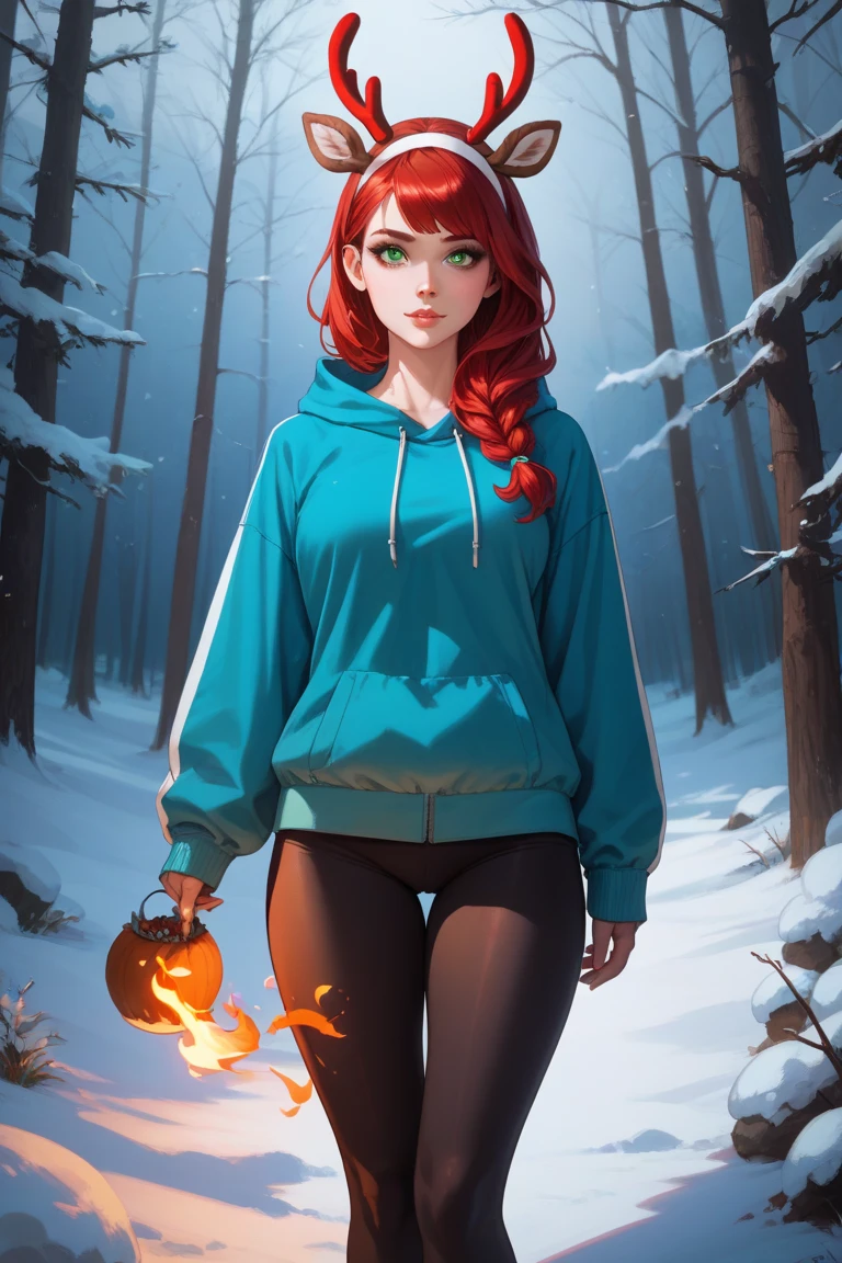 high production value modern fantasy-style candid picture of a woman in her 30s with fair skin, very light make-up, soft face, shoulder-length vibrant dark red hair, green eyes, wearing a modern light blue hoodie with white flames on the sleeves, leggings, and a white hairband with white reindeer antlers and ears, looking over her shoulder, standing in a spooky moonlit snow-covered wintry forest at night.