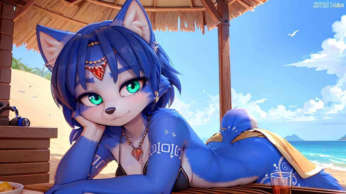 raposa Krystal (Star Fox Adventures), usando um biquini azul e branco, na praia, corpo bem definido, correct female genitalia (detalhadas), cum, seios moderados, olhar encantador, de costas, melhor qualidade, 3D, highes definition, no repetition of parts, Appropriate lighting, estilo anime