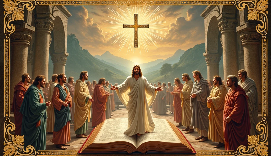 In a war place jesus is protecting women with dimples in the background the foreground of the image in the middle keep the bible