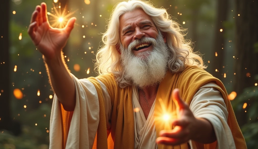 Imagine an epic, stylized scene where God appears as a majestic and energetic figure, he is creating a body of a man and a woman. His face shines with joy so much that it becomes shiny, with a white beard and long white hair, shiny particles floating in the air.  In the background, you can see the forest. The expression on God's face reflects determination and creativity, as well as a lot of joy with a contemporary style to give the biblical moment a modern look.