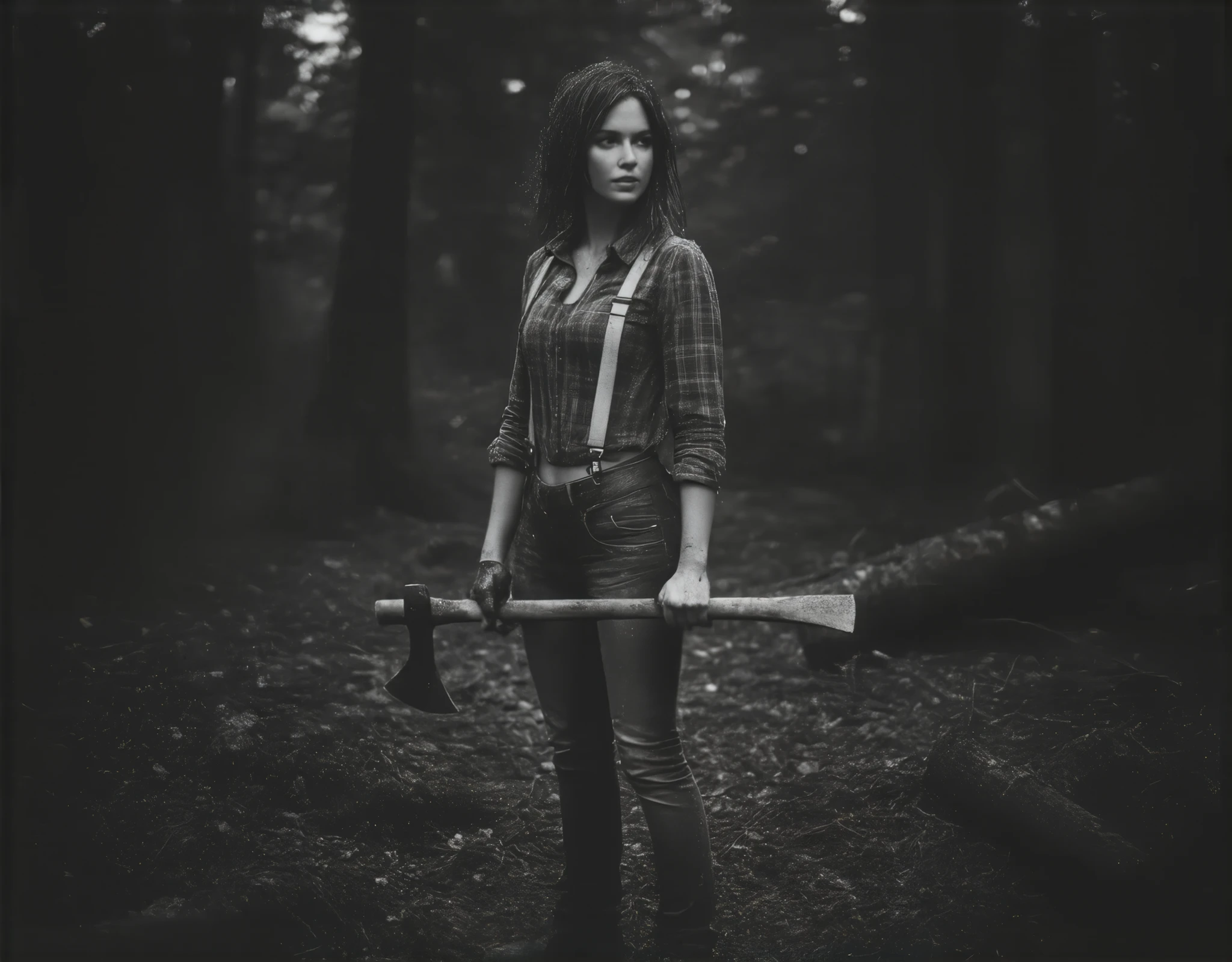 Ultra-realistic black and white photo of a female lumberjack wearing a long-sleeved plaid shirt, suspenders, and jeans, holding an axe, endomorphic body, distant gaze into the forest, dirty clothes, wet glass, coniferous forest, raining day --ar 1:1 --s 100 --quality 1