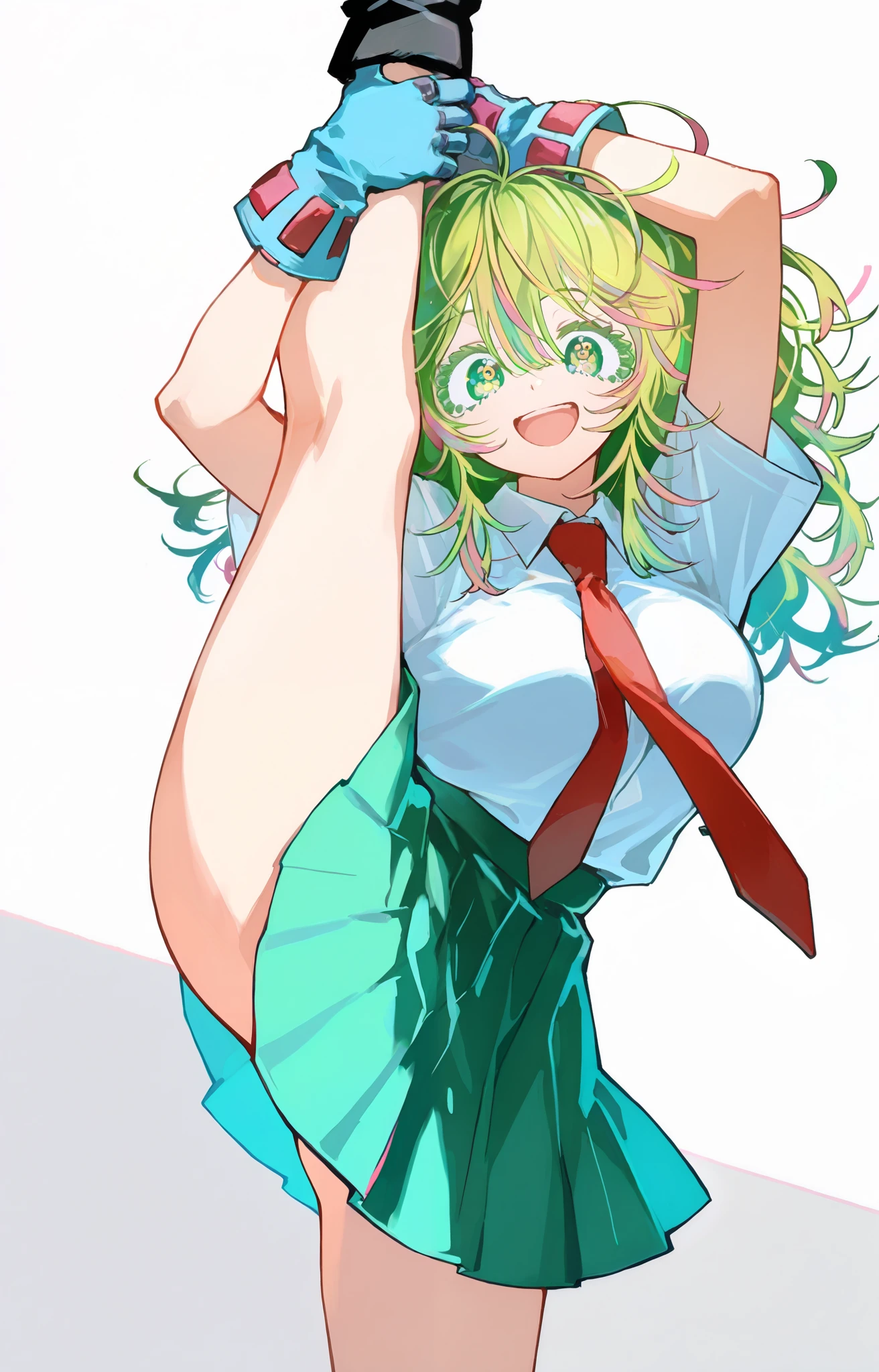 score_9,score_8_up ,hagakure tooru, 1girl, :d, gloves, green eyes, green hair, looking at viewer, messy hair, multicolored hair, necktie, open mouth, BREAK 1girl,jelotuhe,solo,standing split,grabbing own leg,multicolored hair,multicolored eyes,blue gloves,looking at viewer,seductive smile,messy hair,score_9,score_8_up,score_7_up BREAK 1girl,jelotuhe,solo,standing split,grabbing own leg,white background,multicolored hair,multicolored eyes,blue gloves,collared shirt,short sleeves,white shirt,red necktie,green skirt,looking at viewer,seductive smile,