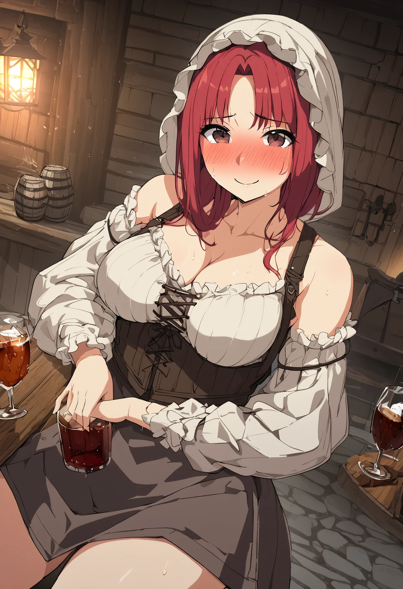 ( 1 woman 1 man ),attractive mature medieval peasant woman,  sexy underwear , breasts, straight red hair,  sensual look, brown eyes, in a tavern, inn, erotic, sensual, Milf, ecchi,  shy expression , medieval tavern, Smile shame,  perfect body, blush, shameless, daring, tanga daring, ,pose of please stop,  full body , She is accompanied by a medieval man, Alcoholic drinks, dislike orgasm, Slim body,  better quality, 4k,