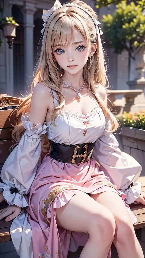 (masterpiece,   high resolution,   top grade), Alone, female, 20 years old, Blonde,   waist ,  long hair ,  wearing a medieval pink dress,  rich dress ,  sitting on a park bench ,  background Western medieval emperor ,  cute ,  smiling wide , 미소가  cute , girl, Red cheeks ,  blue eyes on Adobe, shining,  with a pearl necklace ,  pink ,  Rococo style Lolita dress ,  white frill decoration , black ribbon tie,  puff design sleeve , Black ribbon belt 