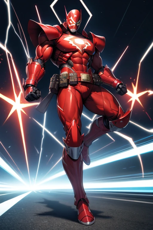 ((mejor calidad)), ((Obra maestra)), (detallado), 1 chica, suéter con hombros descubiertos, 1 man, full body, 30s, black masks, red helmet that covers his entire head, smooth helmet, helmet with a flashlight on his forehead, black collar, tall and muscular, very large, red armor, 2 large tubes, transparent electricity tubes on his chest, large red gloves, red wristbands, red suit, fist emblem with lightning bolts on his chest, fist, red pants, black knee pads, metallic red boots, superhero belt, lightning bolts in the air, hitting the track, lightning bolts come out, night city background, anime