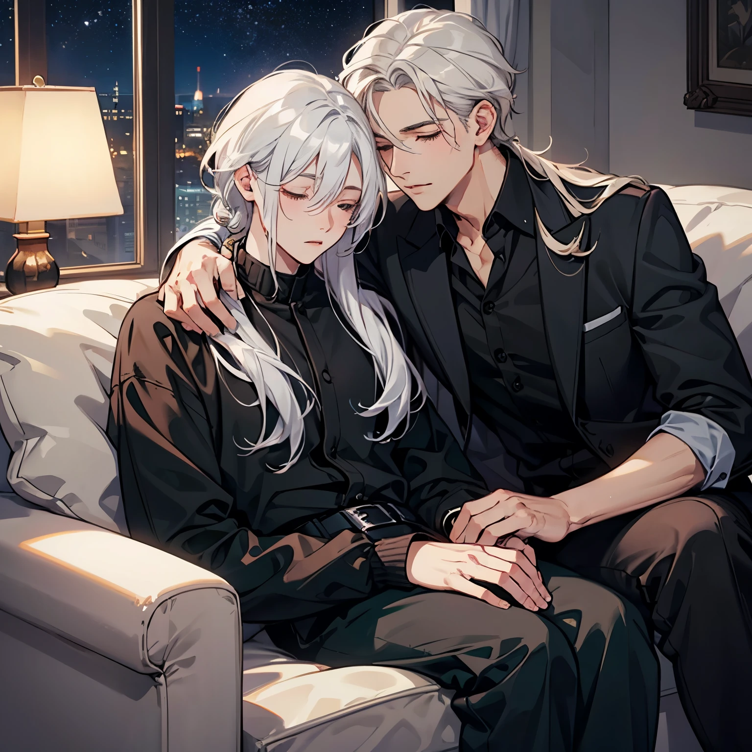 Anime couple sitting on a couch in a living room at night - SeaArt AI