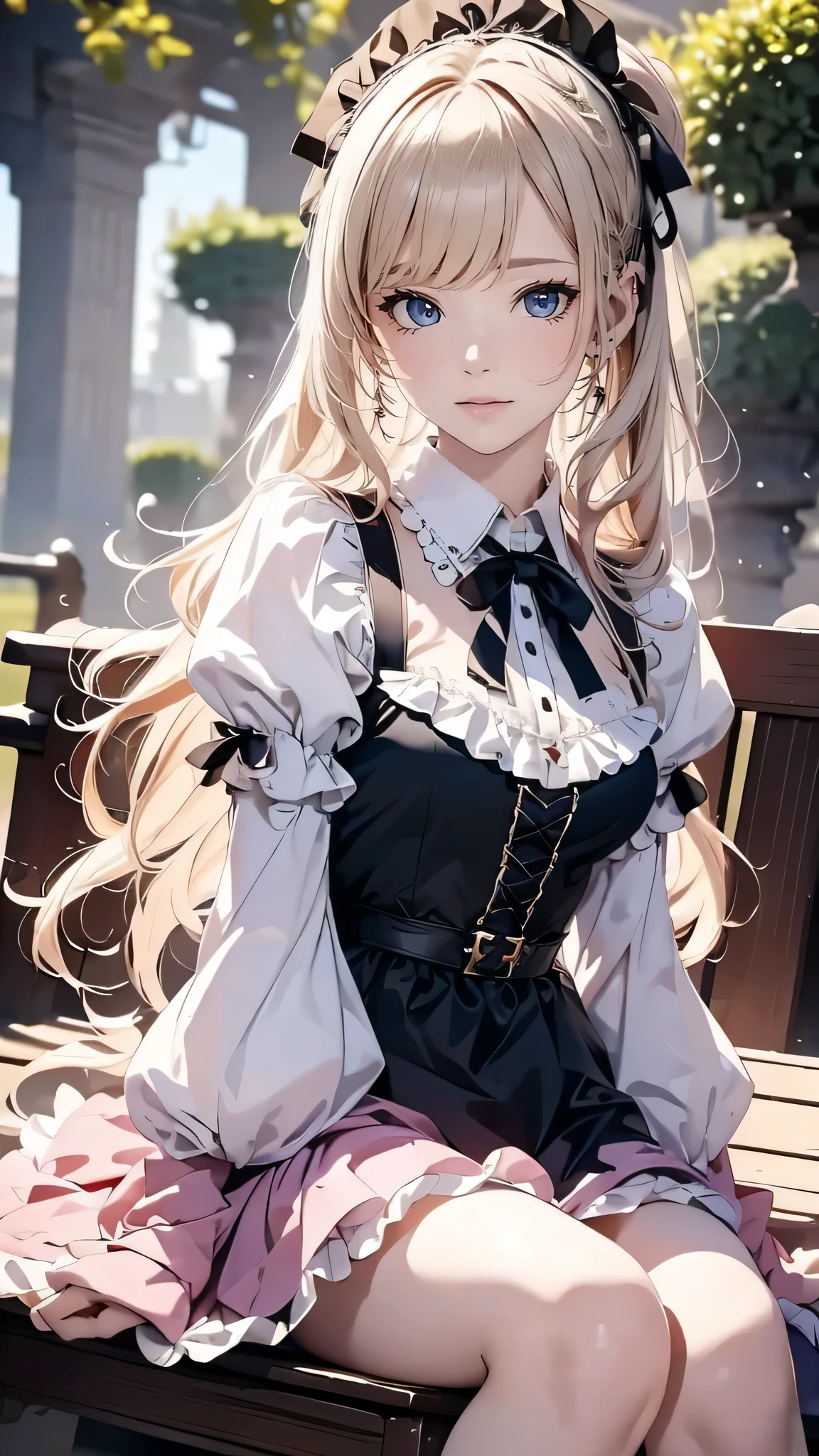 (masterpiece,   high resolution,   top grade), Alone, female, 20 years old, Blonde,   waist ,  long hair ,  wearing a medieval pink dress,  rich dress ,  sitting on a park bench ,  background Western medieval emperor ,  cute ,  smiling wide , 미소가  cute , girl, Red cheeks ,  blue eyes on Adobe, shining,  with a pearl necklace ,  pink ,  Rococo style Lolita dress ,  white frill decoration , black ribbon tie,  puff design sleeve , Black ribbon belt 