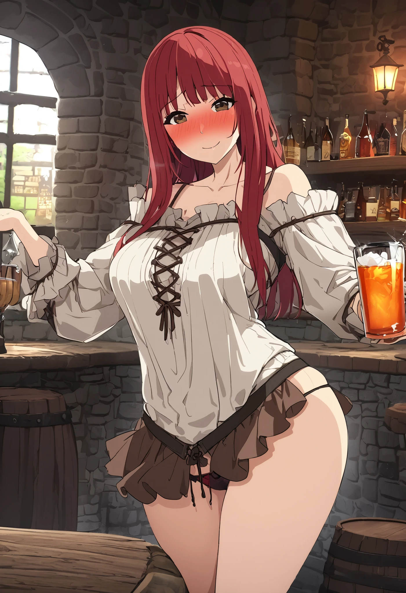 ( 1 woman 1 man ),attractive mature medieval peasant woman,  sexy underwear , breasts, straight red hair,  sensual look, brown eyes, in a tavern, inn, erotic, sensual, Milf, ecchi,  shy expression , medieval tavern, Smile shame,  perfect body, blush, shameless, daring, tanga daring, ,pose of please stop,  full body , She is accompanied by a medieval man, Alcoholic drinks, dislike orgasm, Slim body,  better quality, 4k,