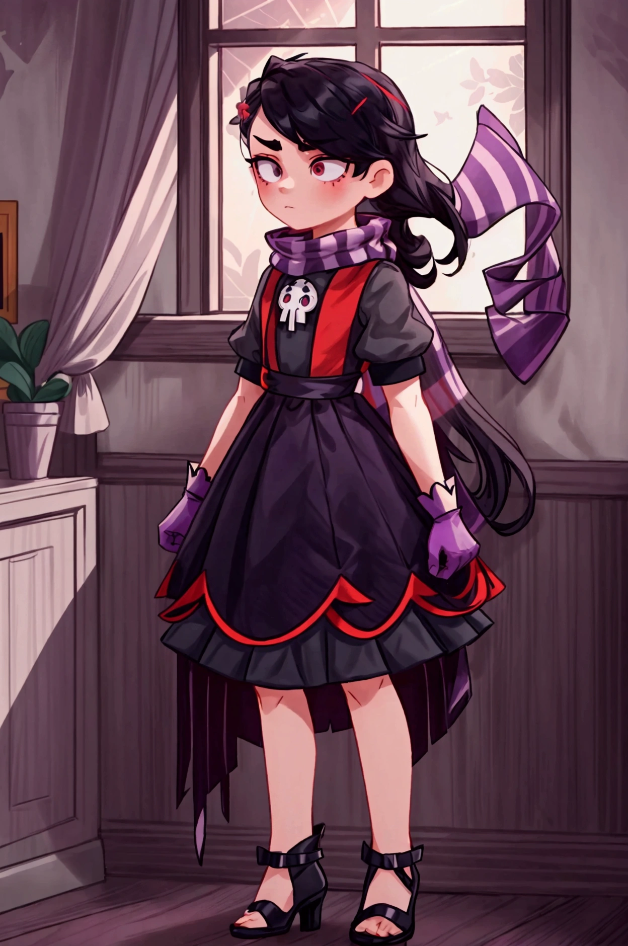 Masterpiece, best quality, 1 boy, black long hair, brow eyes, standing indoors with intricate details and sunlight, grey and red frilled dress with short neckline, purple gloves, black heels, scarf with black and white stripes.