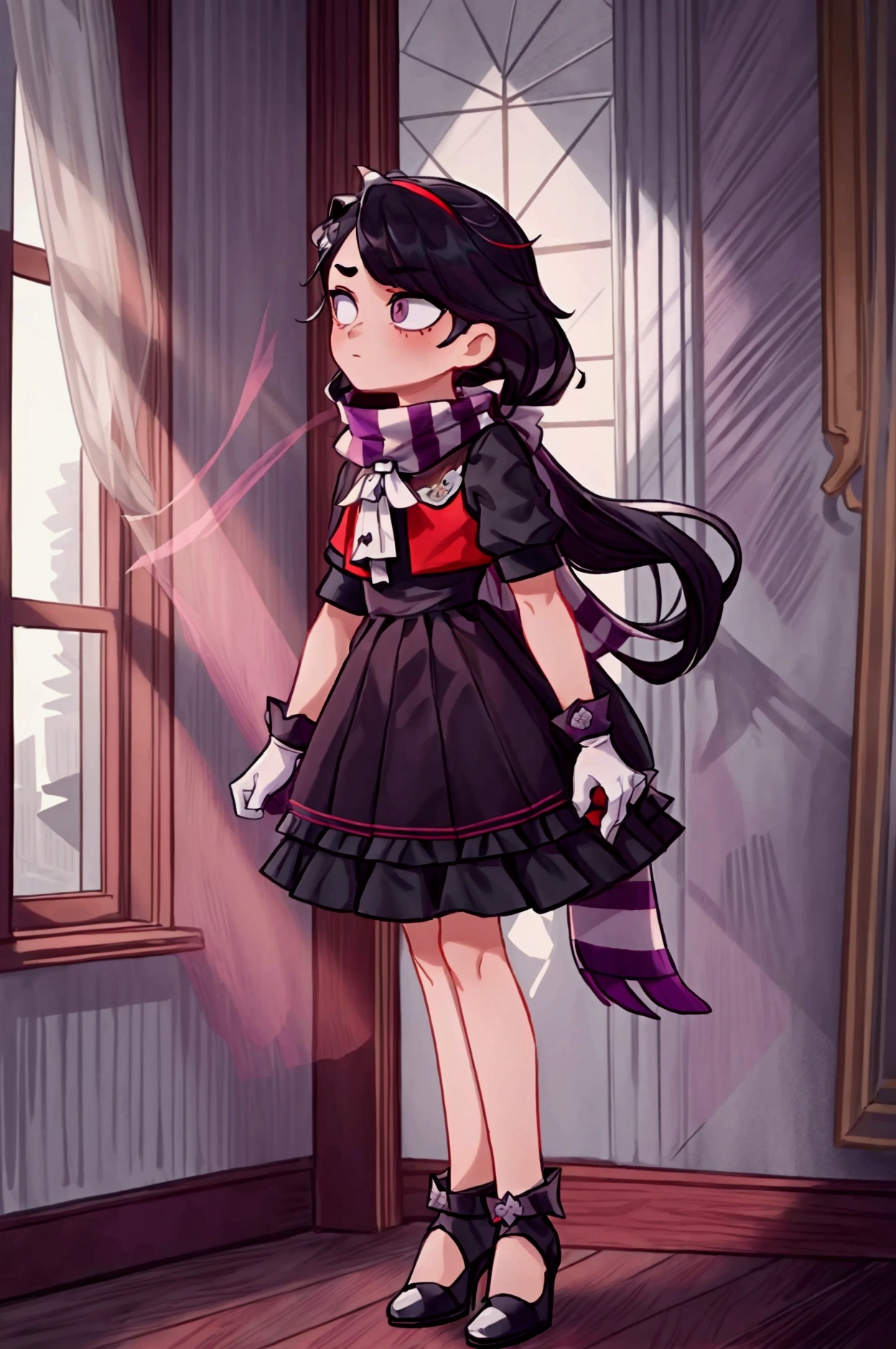 Masterpiece, best quality, 1 boy, black long hair, brow eyes, standing indoors with intricate details and sunlight, grey and red frilled dress with short neckline, purple gloves, black heels, scarf with black and white stripes.