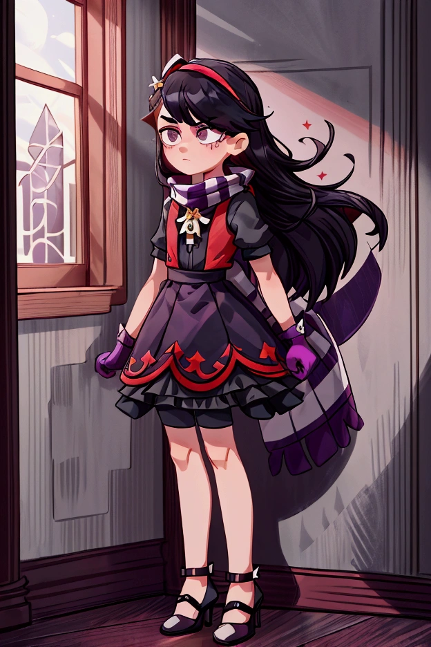 Masterpiece, best quality, 1 boy, black long hair, brow eyes, standing indoors with intricate details and sunlight, grey and red frilled dress with short neckline, purple gloves, black heels, scarf with black and white stripes.