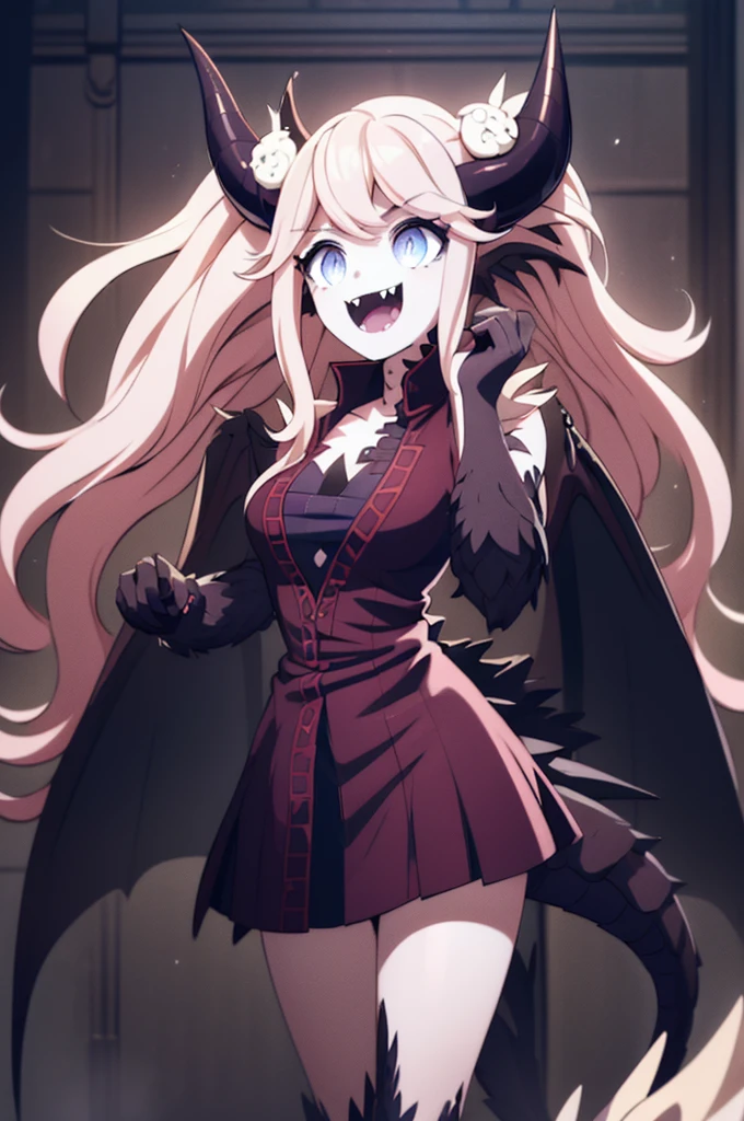 Masterpiece, big crazed open smile,evil menacing face and smile, laughing open large fanged smile, junko enoshima, long hair, bangs, blue eyes, pink hair, hair ornament, twintails, bear hair ornament, (Highres,4k,highly detailed, best quality), dragon scales on her body, slender and tall, very long ornate black gothic black dress, dragon legs and hands, 6 horns, medium chest, white feathers on tail and along her body,1 tail, head tilted, killer looking face, focus on face, obsidian black scales with some shiny violet patterns, large bat like wings, glowing eyes, fangs