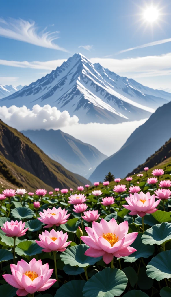 The majestic Tianshan Mountain , snow lotuses bloom like a wonderland , golden phoenix wants to fly , against the backdrop of snowy mountains, making it even more sacred, blue sky and white clouds intertwine , reveals fantasy in serenity , oil painting style ,Genres , long-range perspective , top light irradiates , interlaced light and shadow ,Ultimate image quality, with 8K resolution 。