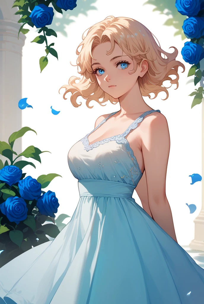 score_9,score_8_up,score_7_up,score_6_up, source_anime, girl,  dynamic pose,  hands behind her back,  blond hair ,  loose hair , ,  tousled hair ,  blue eyes ,  light, soft dress,  hollow of slow breasts ,  light skin , in the garden, blue roses ,  pastel shades 